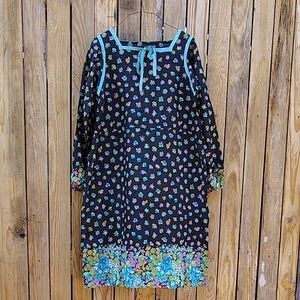 American Vintage Black Midi Dress with Multicolor Floral Print and Teal Trim